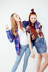 Image showing lifestyle people concept: two pretty stylish modern hipster teen girl having fun together, happy smiling making selfie 