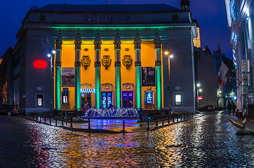 Image showing  Night Tallinn, Cinema Soprus 1955 is a building in the style of classicism 