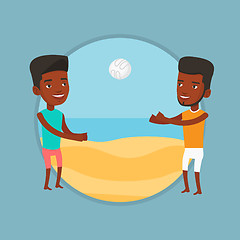 Image showing Two men playing beach volleyball.