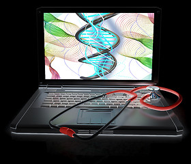 Image showing silver laptop diagnosis with stethoscope. 3D illustration