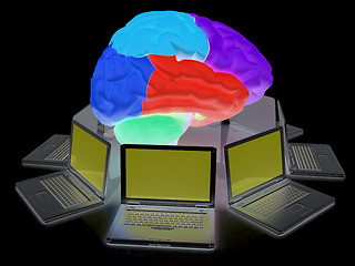 Image showing Computers connected to central brain. 3d render