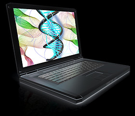 Image showing Laptop with dna medical model background on laptop screen. 3d il