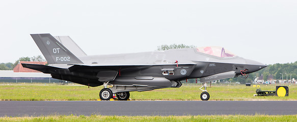 Image showing LEEUWARDEN, THE NETHERLANDS - JUNE 10, 2016: Dutch F-35 on the r