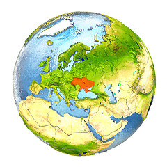 Image showing Ukraine in red on full Earth