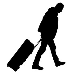 Image showing Black silhouettes travelers with suitcases on white background.