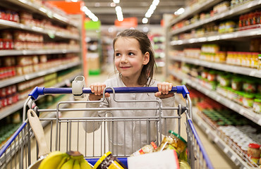 Image showing girl with food in shopping cart at grocery store