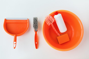 Image showing basin with cleaning stuff on white background