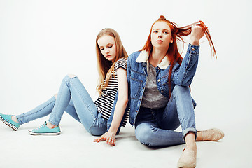 Image showing best friends teenage girls together having fun, posing emotional on white background, besties happy smiling, lifestyle people concept 