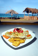 Image showing fresh fish fillet with tostones, salad and native vegetables  Ca