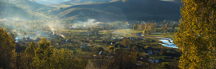 Image showing Village landscape panorama in the evening