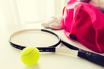 Image showing close up of tennis stuff and female sports bag