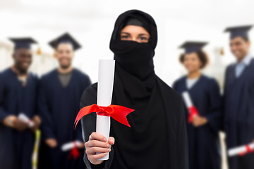 Image showing muslim student woman in hijab with diploma