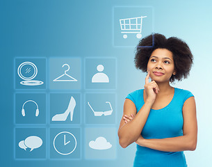 Image showing happy afro american young woman with menu icons