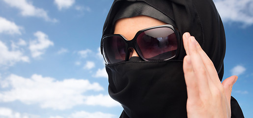 Image showing close up of muslim woman in hijab and sunglasses