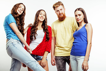 Image showing company of hipster guys, bearded red hair boy and girls students having fun together friends, diverse fashion style, lifestyle people concept isolated on white background