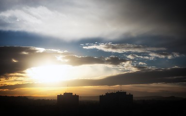 Image showing Beutiful sunset over old buildings