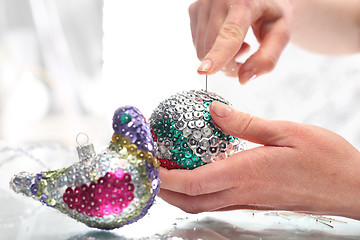 Image showing Beautiful Christmas decorations, sequined Christmas ornaments