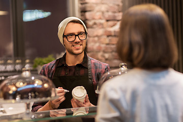 Image showing man or barman with coffee cup and customer at cafe