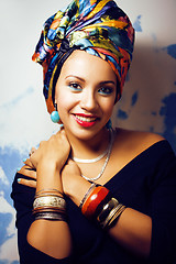 Image showing beauty bright african woman with creative make up, shawl on head