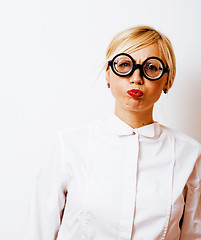 Image showing bookworm, cute young blond woman in glasses, blond hair, teenage