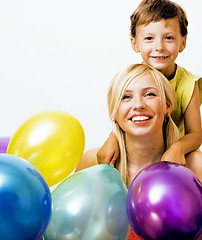 Image showing pretty real family with color balloons on white background, blon