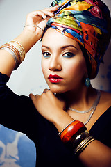 Image showing beauty bright african woman with creative make up, shawl on head