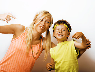 Image showing funny mother and son with bubble gum