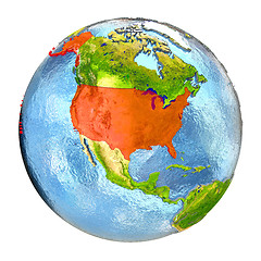 Image showing USA in red on full Earth