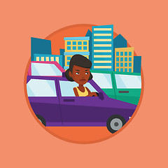 Image showing Angry african woman in car stuck in traffic jam.