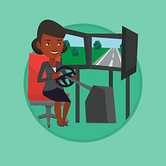 Image showing Woman playing video game with gaming wheel.