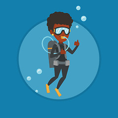 Image showing Woman diving with scuba and showing ok sign.