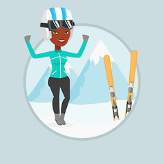 Image showing Cheerful skier standing with raised hands.