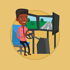 Image showing Man playing video game with gaming wheel.