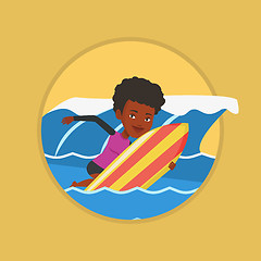 Image showing Happy surfer in action on a surf board.