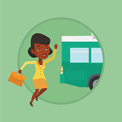 Image showing Latecomer woman running for the bus.