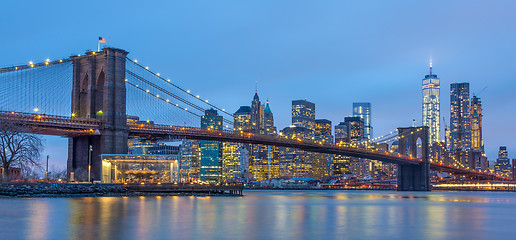 Image showing Brooklyn bridge at dusk, New York City.