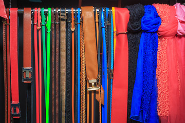 Image showing Collection of Colorful  Belts on Rack 