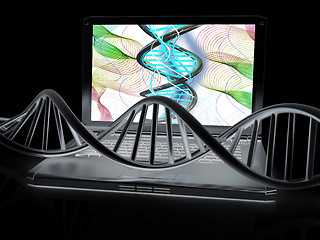 Image showing Laptop with dna medical model background on laptop screen. 3d il