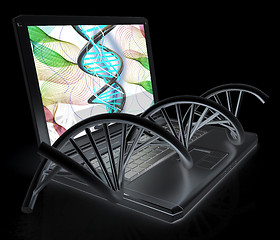 Image showing Laptop with dna medical model background on laptop screen. 3d il