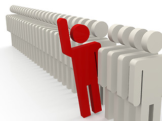 Image showing Unique red person stepping out from row of people