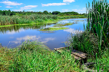 Image showing Old wooden bridge on the river