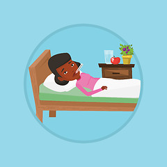 Image showing Sick woman with thermometer laying in bed.