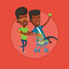 Image showing Two friends riding by shopping trolley.