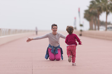 Image showing mother and cute little girl on the promenade by the sea