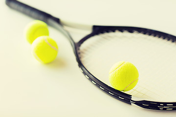 Image showing close up of tennis racket with balls