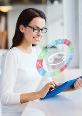 Image showing woman with tablet pc and zodiac signs at cafe