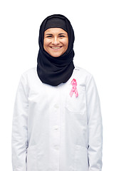 Image showing muslim doctor with breast cancer awareness ribbon