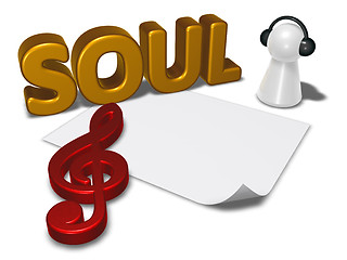 Image showing soul tag, blank white paper sheet and pawn with headphones - 3d rendering