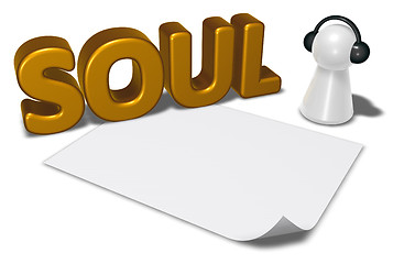 Image showing soul tag, blank white paper sheet and pawn with headphones - 3d rendering
