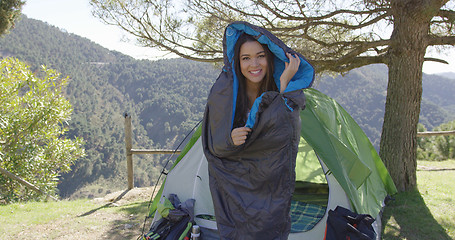 Image showing Funny female in sleeping bag